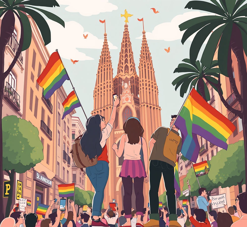 People celebrating LGBTQI rights in front of the Sagrada Familia.
